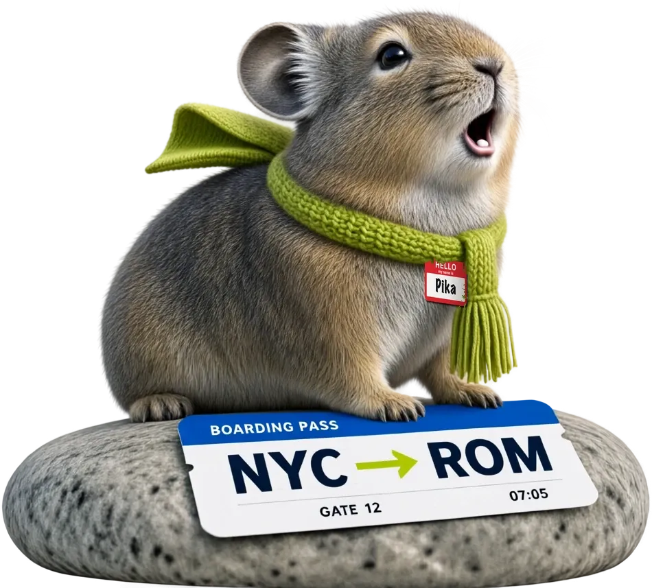 Pika the pika, wearing a HELLO my name is Pika name tag, calling out from his rock with his NYC to ROM boarding pass